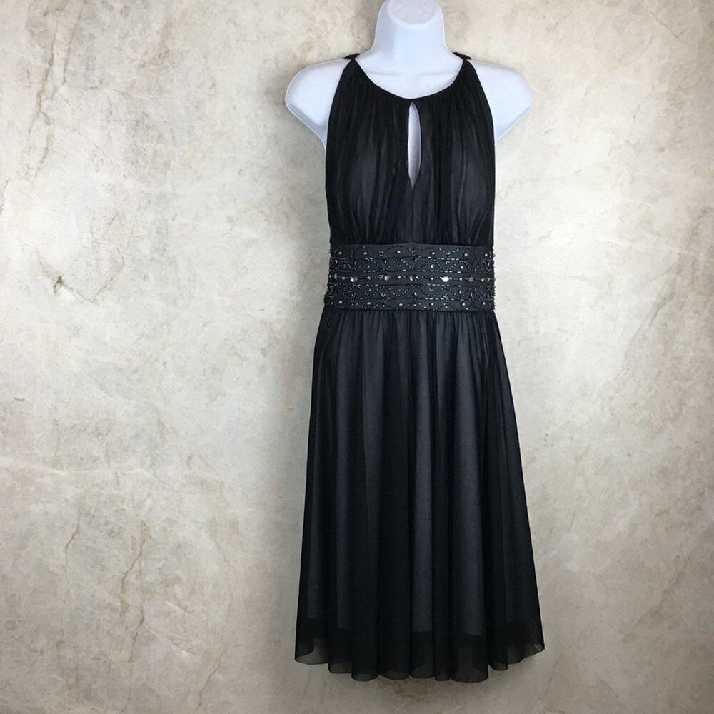 La Nouvelle RENAISSANCE Black Slip Lined Midi Dress w/ Beaded Waist Band Size 6
